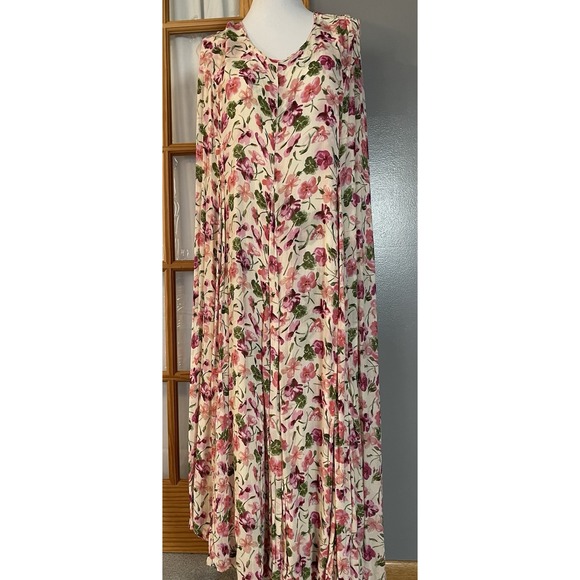 Olivia Sweaters - Vtg 80s Olivia Reversible Floral Maxi Dress 1X Pink Beige Rayon Boho Cottagecore